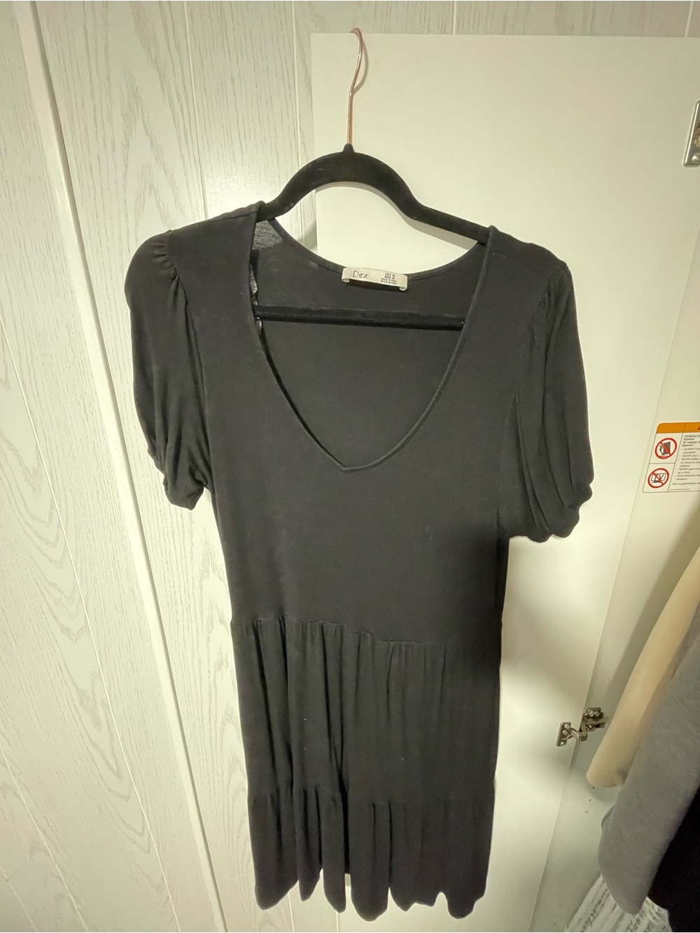 Dex Black V-Neck Puff Sleeve Tiered Mini Dress